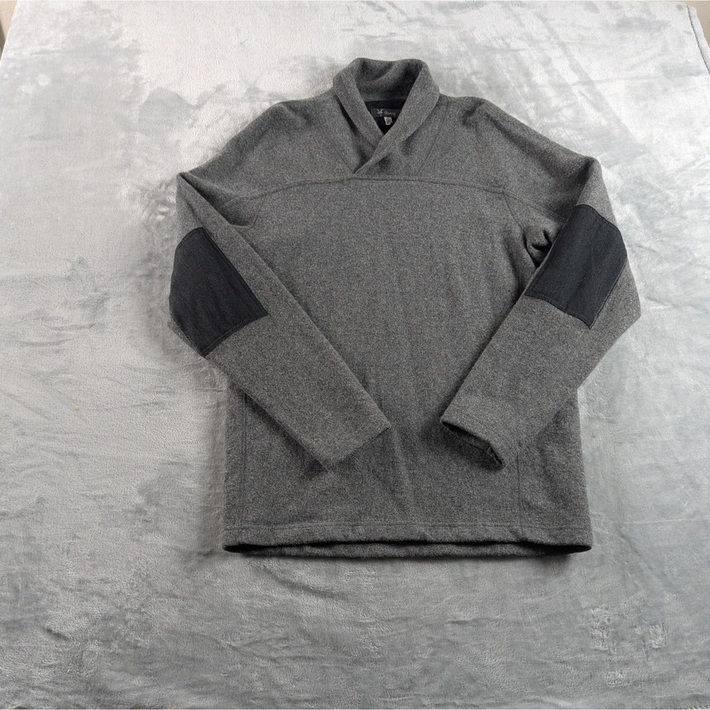 Ibex Sweater Men Large Gray Shawl Collar Wool Knit Pullover Elbow Patch USA READ